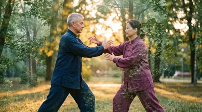 Double exposure of two practitioners in push hands contact blended with sage green forest