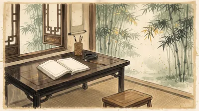Ink wash painting of an open classical manuscript scroll on a low table beside a window