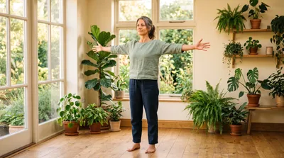 Woman performing a gentle chest-opening shoulder movement in a bright plant-filled room
