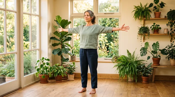 Woman performing a gentle chest-opening shoulder movement in a bright plant-filled room