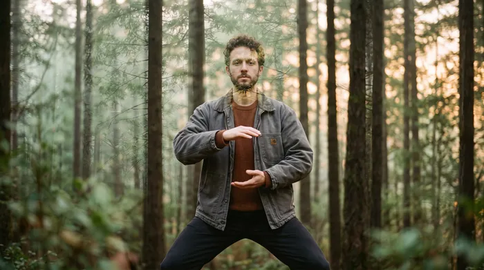 Double exposure of a practitioner holding a standing posture blended with a sage green forest