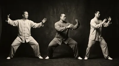 Black and white photograph showing three tai chi practitioners in different style stances side by side