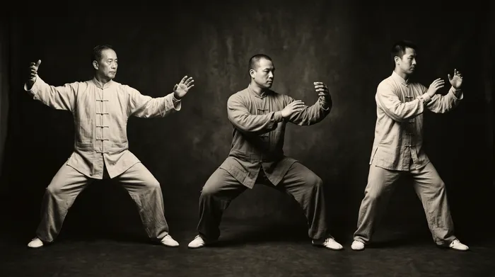 Black and white photograph showing three tai chi practitioners in different style stances side by side