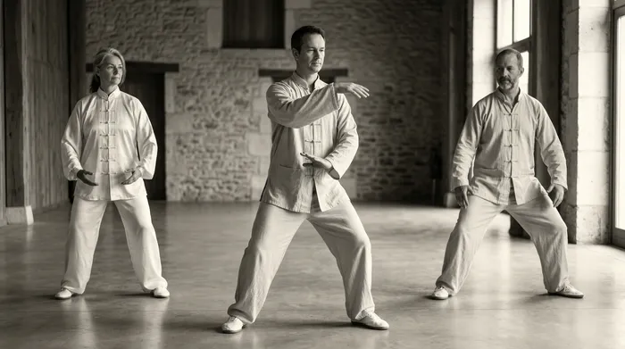 Black and white photograph showing three tai chi practitioners in different style stances side by side