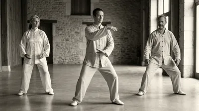 Black and white photograph showing three tai chi practitioners in different style stances side by side