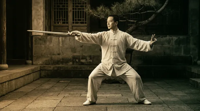 Fine art black and white photograph of a practitioner performing a tai chi sword thrust