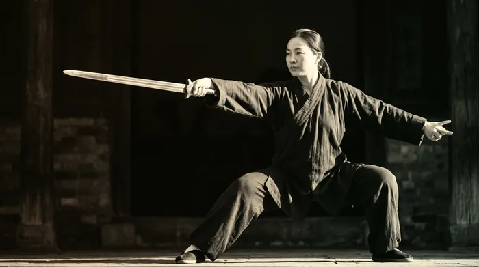 Fine art black and white photograph of a practitioner performing a tai chi sword thrust