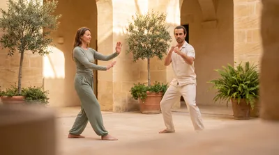 Two practitioners side by side, one in a slow tai chi posture and one in a sharp kung fu stance, at golden hour