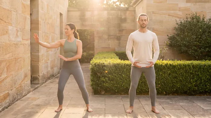 Two practitioners side by side performing tai chi and qigong in a warm courtyard
