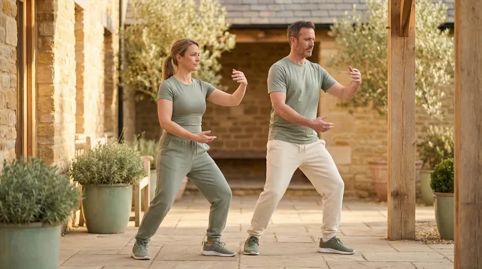 Two practitioners side by side performing tai chi and qigong in a warm courtyard