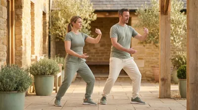 Two practitioners side by side performing tai chi and qigong in a warm courtyard