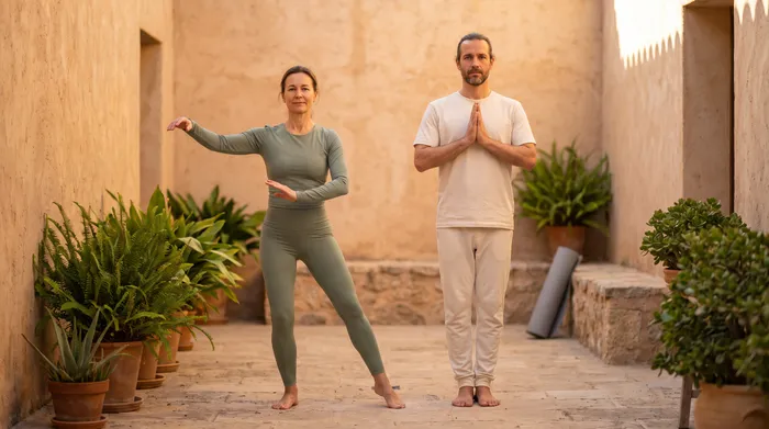 Two people side by side, one in a tai chi posture and one in a standing yoga pose, in a warm courtyard