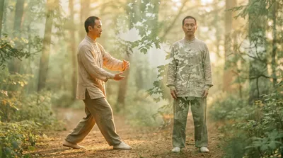 Double exposure of a practitioner mid-step in tai chi walking blended with a sage green forest path