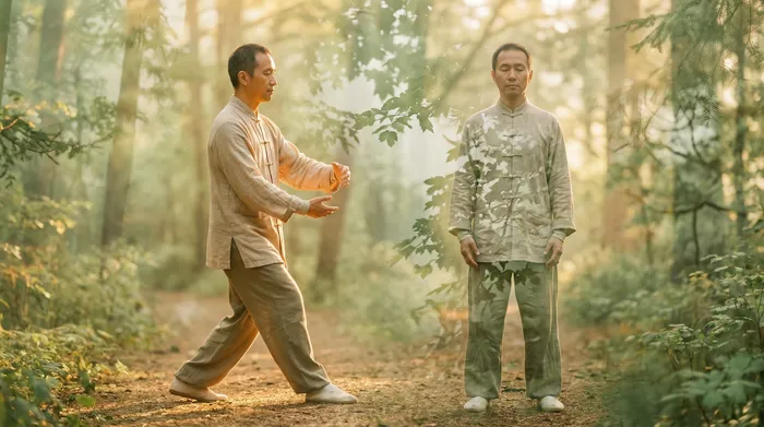 Double exposure of a practitioner mid-step in tai chi walking blended with a sage green forest path