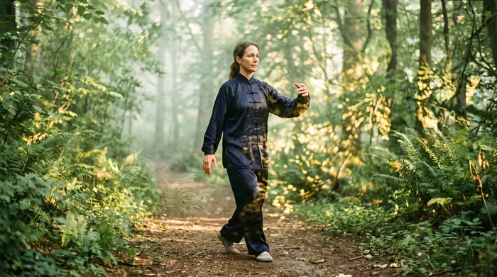 Double exposure of a practitioner mid-step in tai chi walking blended with a sage green forest path
