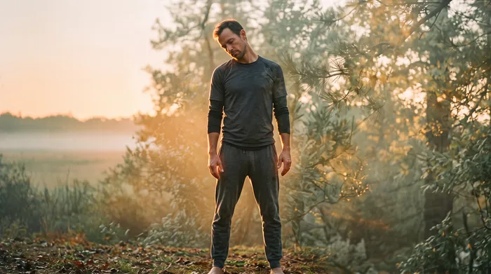 Double exposure of a practitioner doing neck circles blended with sage green morning mist