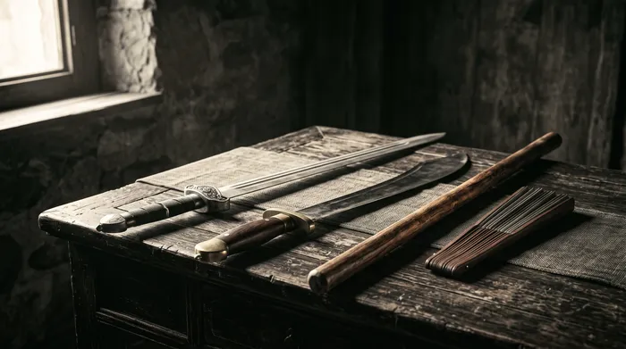 A straight sword, sabre, wooden staff and folding fan arranged on a dark wooden surface