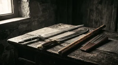 A straight sword, sabre, wooden staff and folding fan arranged on a dark wooden surface