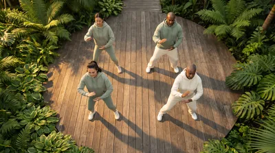 Overhead view of a diverse group practicing tai chi on a wooden deck surrounded by green foliage in morning light