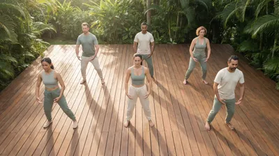 Overhead view of a diverse group practicing tai chi on a wooden deck surrounded by green foliage in morning light