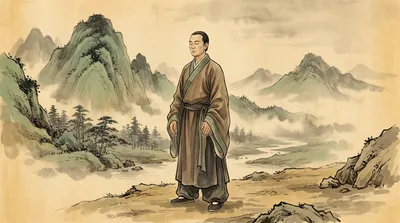 Ink wash painting of a solitary figure in stillness before misty mountains with sage green washes