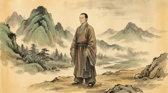 Ink wash painting of a solitary figure in stillness before misty mountains with sage green washes