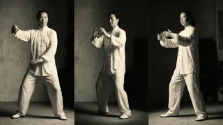 Three poses of the Yang 24-form shown in black and white photography