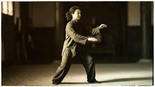 Three poses of the Yang 24-form shown in black and white photography