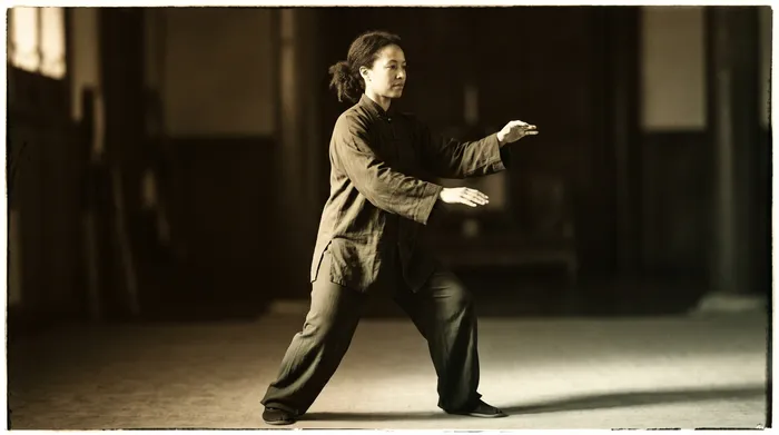 Black and white fine art photograph of a practitioner in Yang 24 form opening posture with warm toning