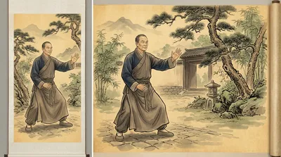 Traditional watercolor of Yang Luchan performing tai chi in a courtyard with sage green foliage