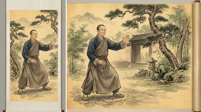 Traditional watercolor of Yang Luchan performing tai chi in a courtyard with sage green foliage
