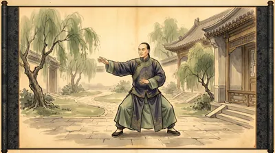 Traditional watercolor of Yang Luchan performing tai chi in a courtyard with sage green foliage