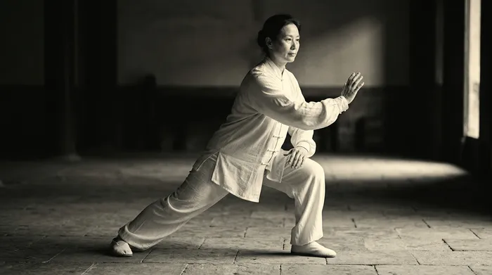 Black and white photograph of a tai chi practitioner performing Yang style brush knee in dramatic side lighting